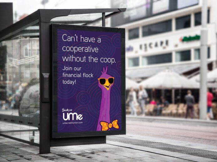 UMe Credit Union advertisement on bus shelter