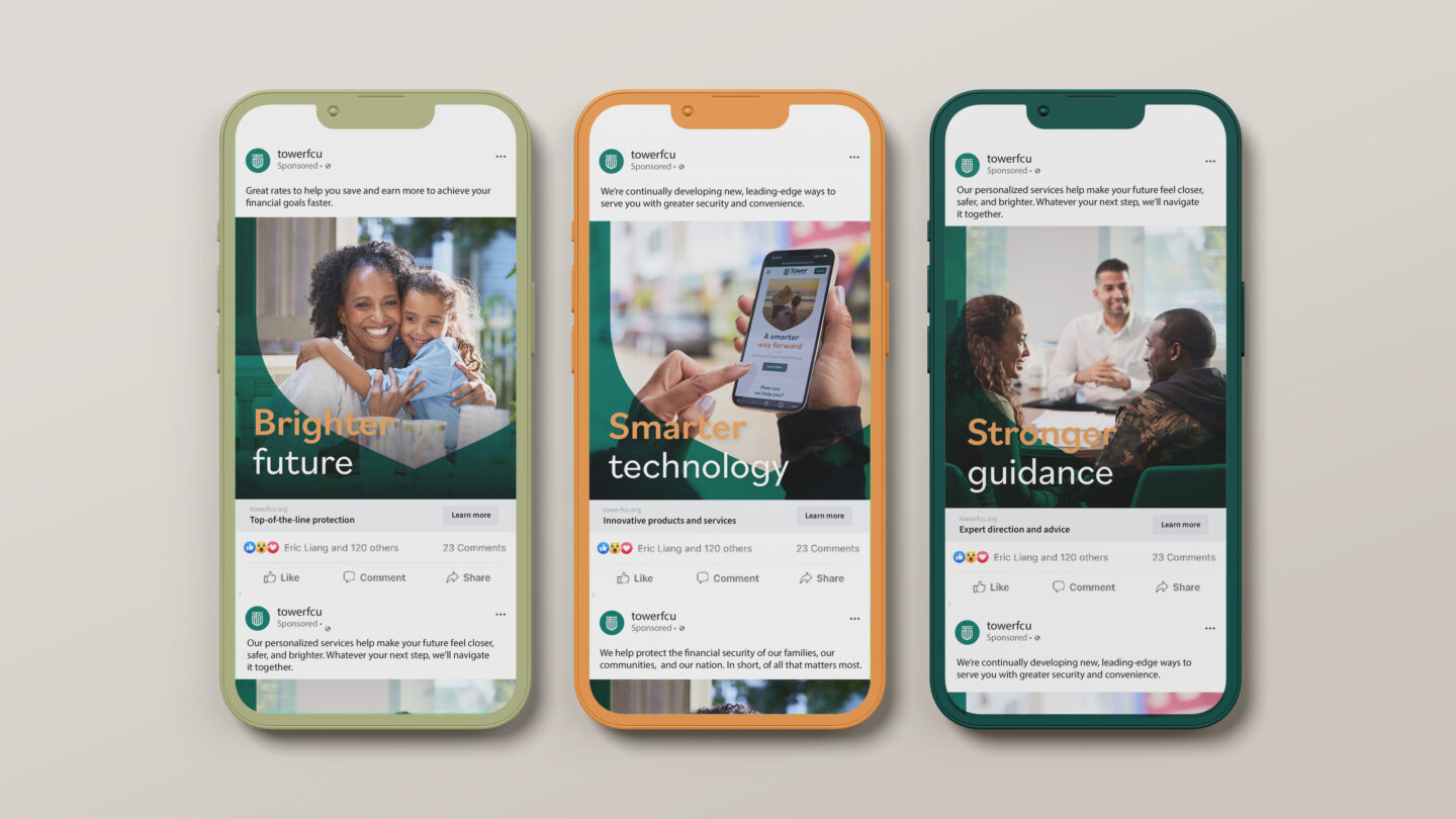 Phone screens showing Tower Federal Credit Union social media posts