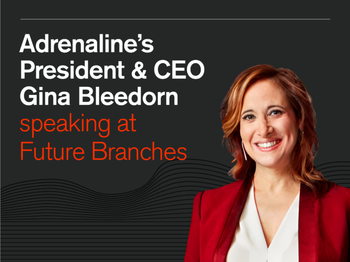 Gina Bleedorn headshot with the text, Adrenaline&#039;s President &amp; CEO Gina Bleedorn speaking at Future Branches 2024