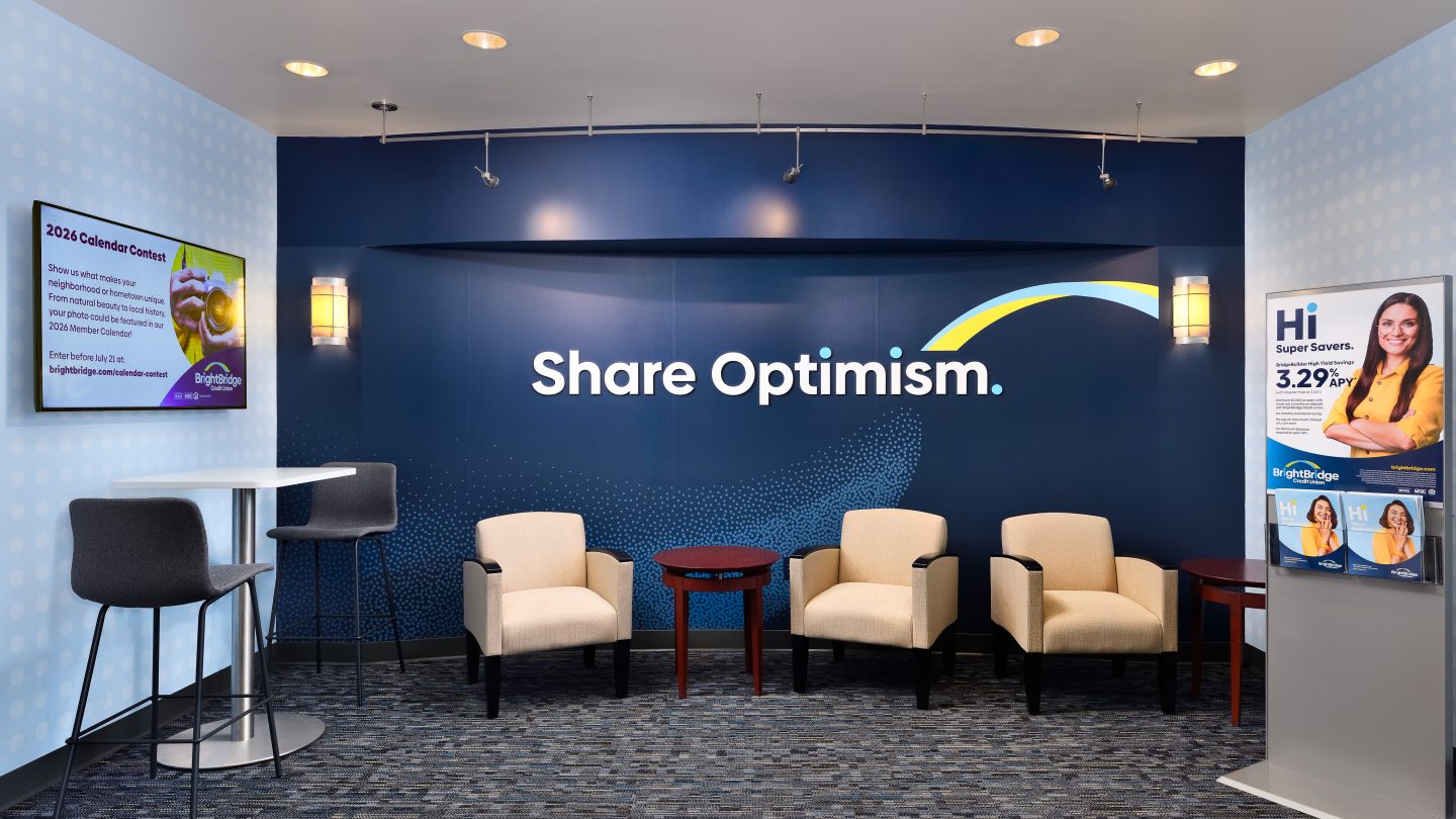 Brand position focal wall inside brightbridge credit union branch