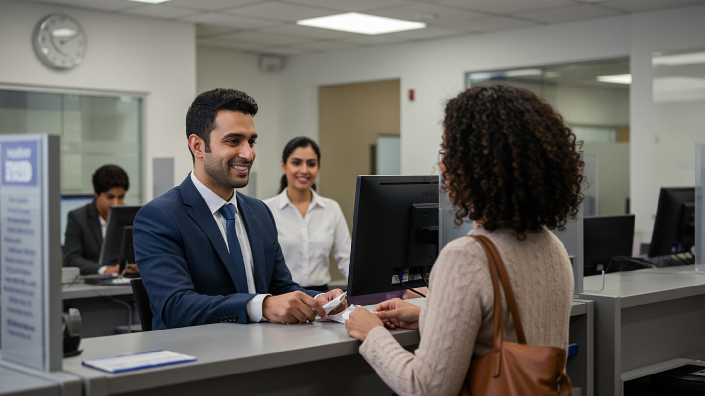 Person at a bank receiving service
