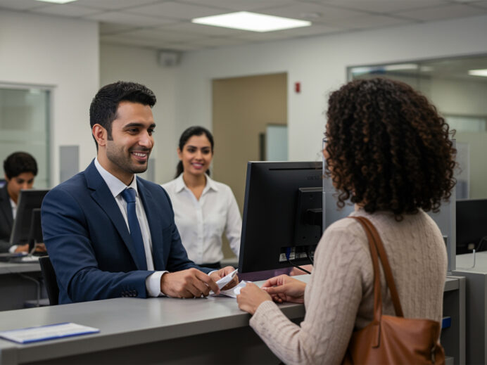 Person at a bank receiving service